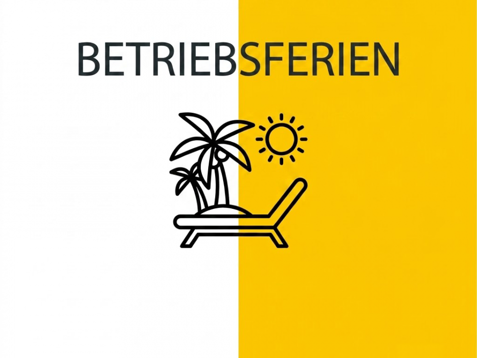 Hinweisgrafik Betriebsferien mit Palme, Sonne und Liegestuhl